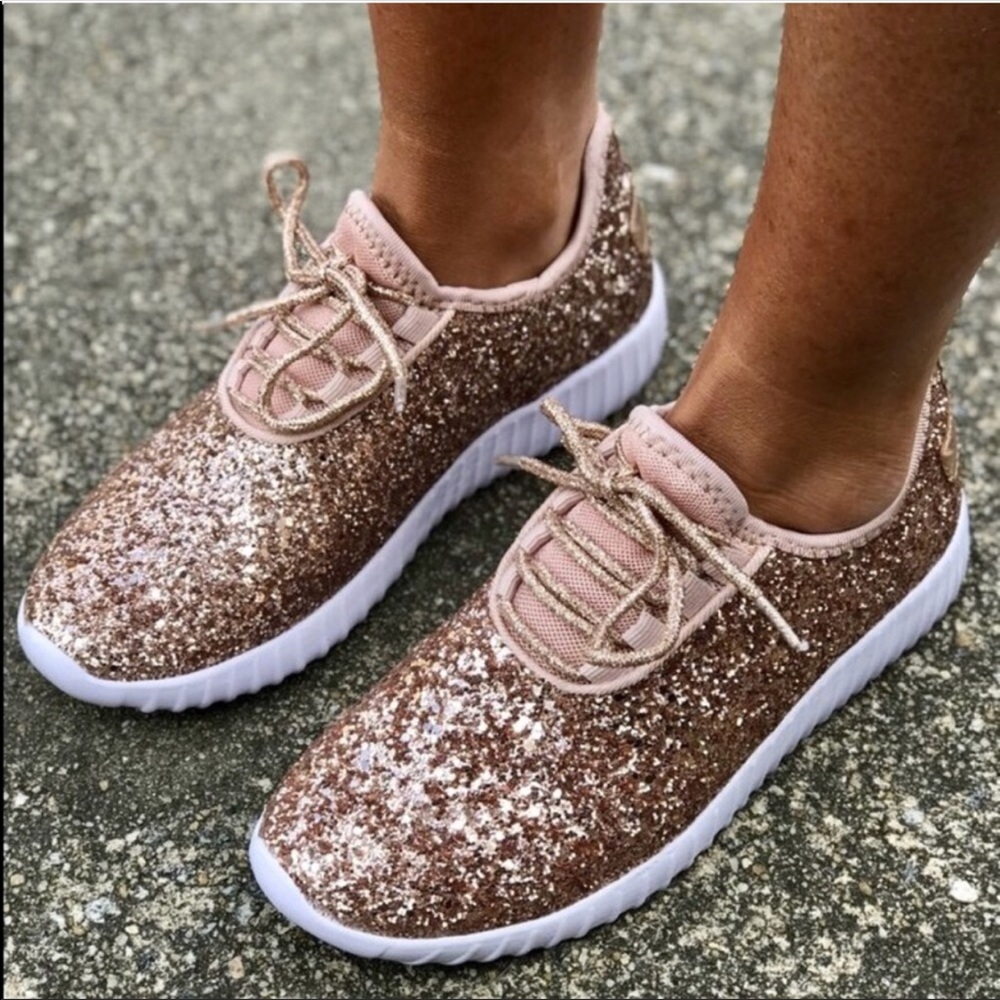 NIB Lightweight Rose Gold Glitter Sparkly Sneakers - Picture 3 of 8